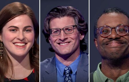 (from left) "Jeopardy!" contestants Lilli Driggs, Chris D'Angelo, and Matt Patrick, on May 29, 2026