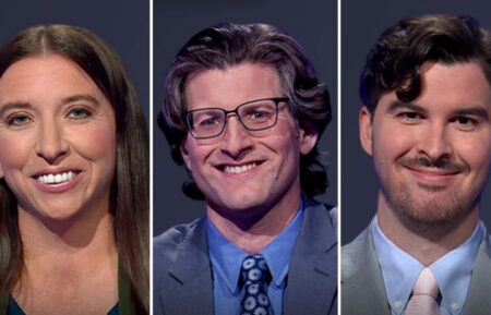 "Jeopardy!" contestants on May 27, 2026 (from left) Rachel Hoke, Chris D'Angelo, and J.R. Scott