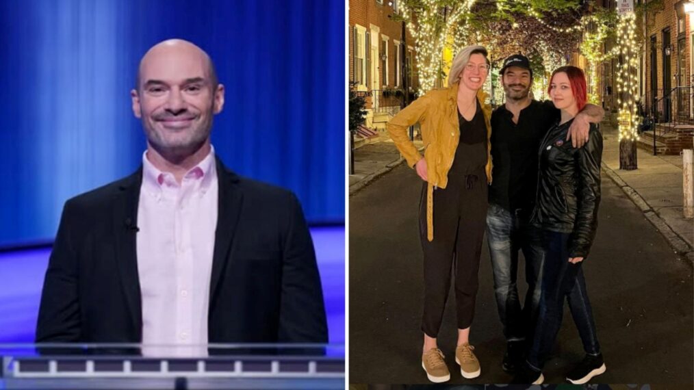 (left) Greg Shahade on 'Jeopardy!, (right) Shahade with his two girlfriends
