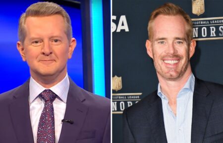(left) "Jeopardy!" host Ken Jennings, (right) "ESPN Jeopardy!" host Joe Buck