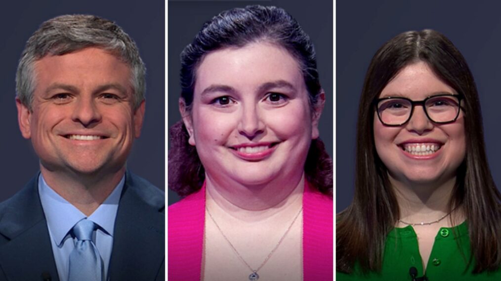 'Jeopardy!' contestants (from left) Matt Davis, Stephanie Perkins, and Madeline Kaplan, on May 4, 2026