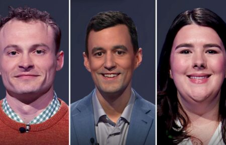 "Jeopardy!" contestants (from left) Chayce Griffith, Tristan Williams, and Valerie Fulton, on May 15, 2026
