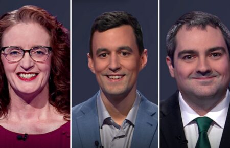"Jeopardy!" contestants (from left) Amy Dewey, Tristan Williams, and Thomas Trovato, on May 18, 2026