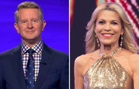 (left) Ken Jennings hosting "Jeopardy!", (right) Vanna White hosting "Celebrity Wheel of Fortune"
