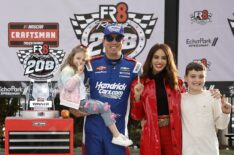 Kyle Busch, driver of the #7 HendrickCars.com Chevrolet, celebrates with daughter, Lennix Busch son, Brexton Busch and wife, Samantha Busch in victory lane after winning the NASCAR Craftsman Truck Series Fr8 Racing 208 at Echo Park Speedway on February 21, 2026 in Hampton, Georgia.