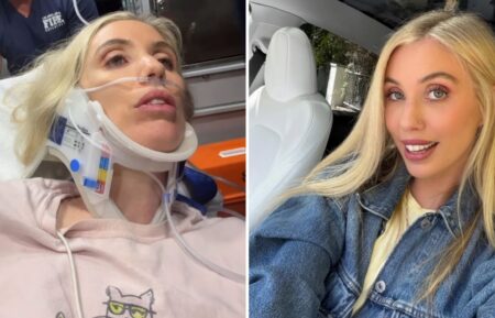 (left) Laura Clery in an ambulance after a firdge fell on her, (right) Clery taking a selfie in her car