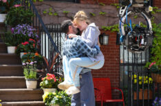 Penn Badgley and Meghann Fahy are seen on the set of 'You Deserve Each Other' in Brooklyn on May 05, 2026 in New York City.