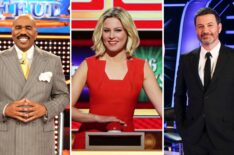 (left) Steve Harvey on 'Celebrity Family Feud,' (middle) Elizabeth Banks on 'Press Your Luck,' and (right) Jimmy Kimmel on 'Who Wants to be a Millionaire?'