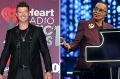Robin Thicke (left) on red carpet, (right) Randy Jackson on 'Name That Tune'