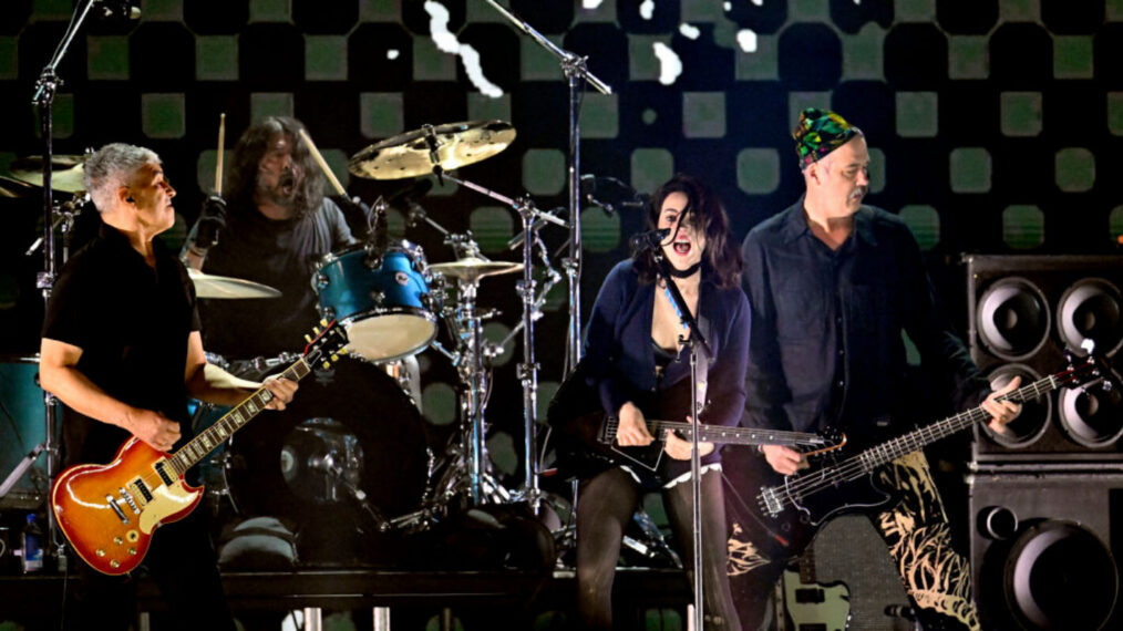 St. Vincent (2nd R) performs onstage with (L-R) Pat Smear, Dave Grohl, and Krist Novoselic of Nirvana during the FIREAID Benefit Concert for California Fire Relief at The Kia Forum on January 30, 2025 in Inglewood, California