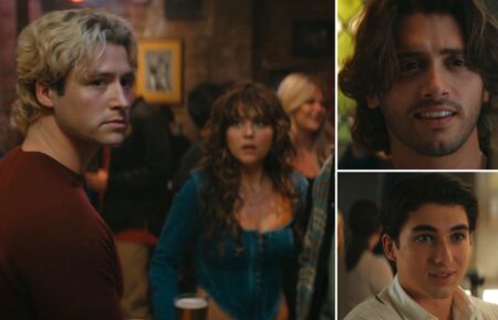 Dean and Allie in the 'Off Campus' Season 1 finale, next to a photo of Logan looking at Hannah and a photo of Hunter