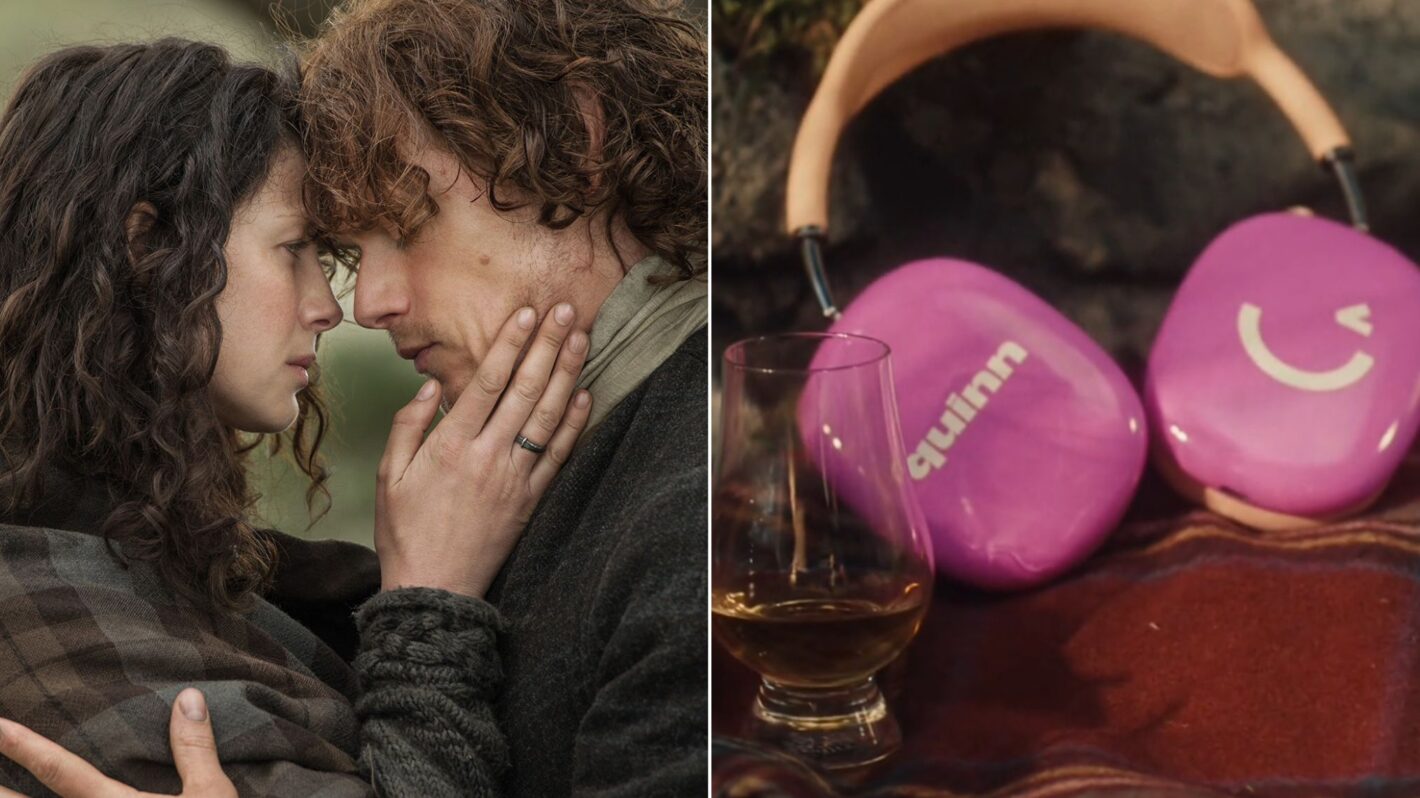 Outlander's Jamie and Claire next to a pair of Quinn headphones