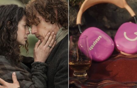 Outlander's Jamie and Claire next to a pair of Quinn headphones