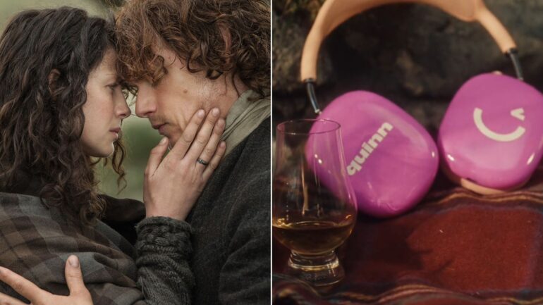 Outlander's Jamie and Claire next to a pair of Quinn headphones