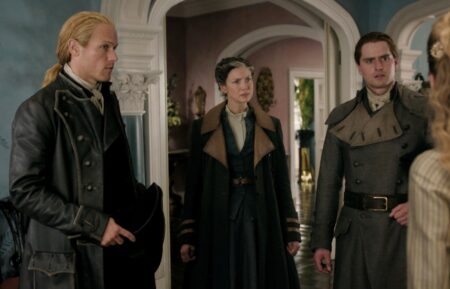 Sam Heughan, Caitriona Balfe, and Charles Vandervaart in 'Outlander' Season 8