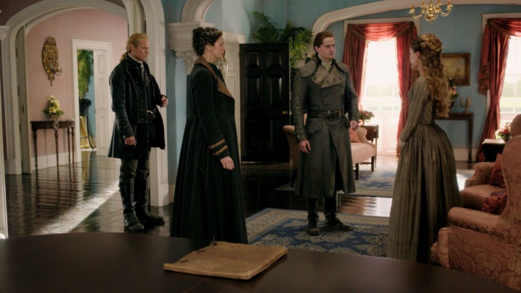 Sam Heughan, Caitriona Balfe, Charles Vandervaart, and Carla Woodcock in 'Outlander' Season 8
