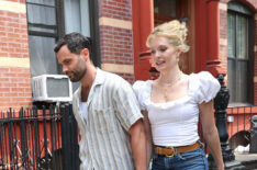 Penn Badgley and Meghann Fahy are seen filming on the set of the film 'You Deserve Each Other' in Brooklyn on July 11, 2025 in New York City.