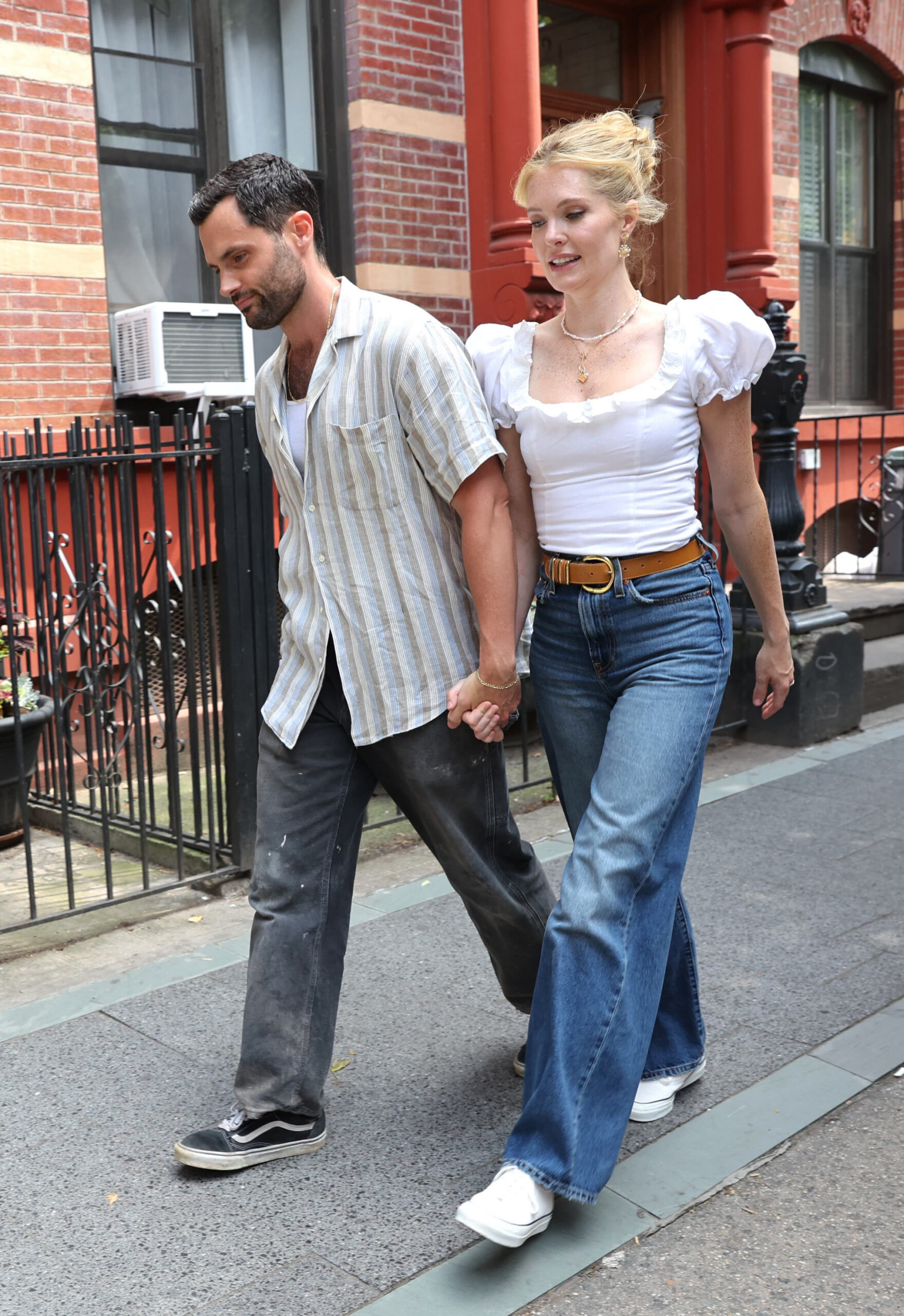 Penn Badgley and Meghann Fahy are seen filming on the set of the film 