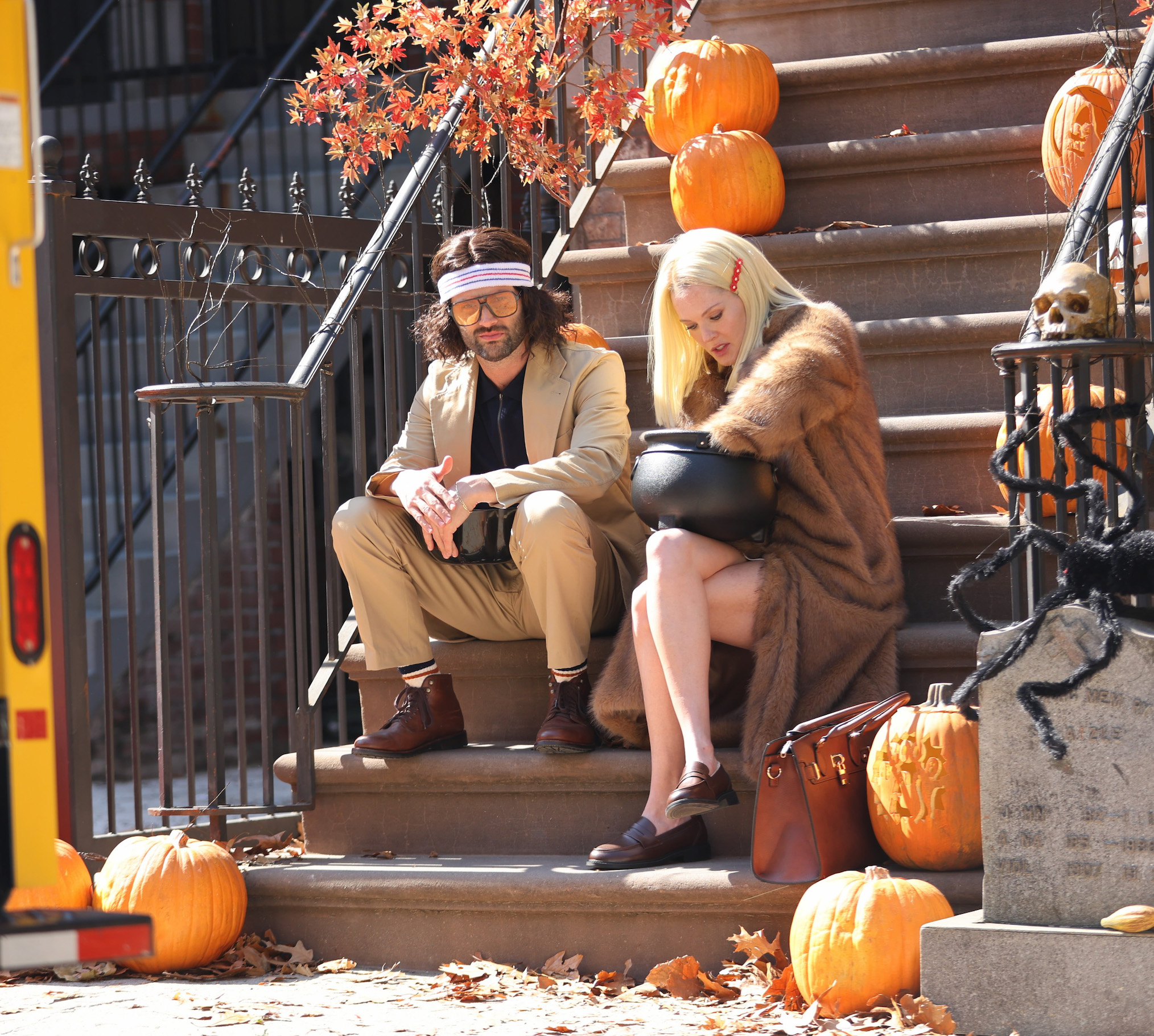 Penn Badgley and Meghann Fahy are seen on the set of 