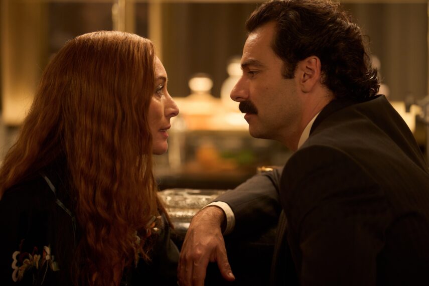 Victoria Smurfit as Maud, Aidan Turner as Declan — 'Rivals' Season 2 Episode 1