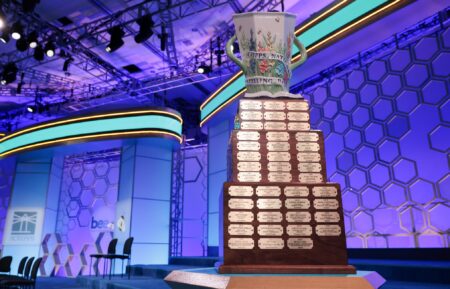 NATIONAL HARBOR, MARYLAND - MAY 29: The Scripps National Spelling Bee trophy is displayed before the 2025 Scripps National Spelling Bee finals at the Gaylord National Resort and Convention Center on May 29, 2025 in National Harbor, Maryland. 243 spellers from all over the globe ages 8 to 14 competed from May 27 to May 30, 2025 and were narrowed down to 9 finalists during the 100th anniversary of the bee. (Photo by Kayla Bartkowski/Getty Images)