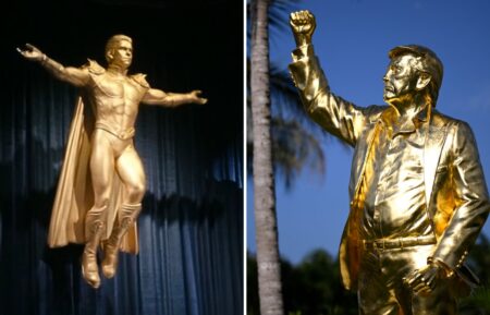 A Homelander statue in 'The Boys' and a statue of President Donald Trump at the Trump National Doral Miami golf course in Florida