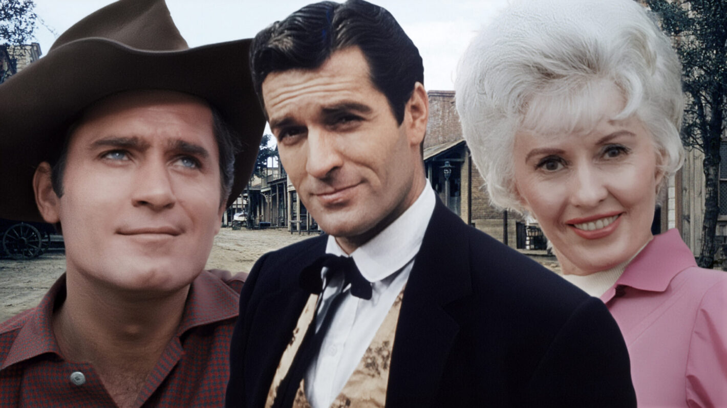 Underrated classic movie Cowboys collage with Clint Walker, Hugh O'Brian and Barbara Stanwyck collage