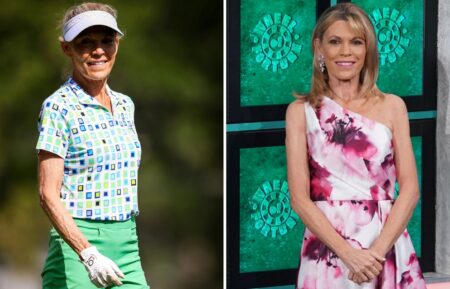 (left) Vanna White at the ONEflight Myrtle Beach Classic 2026, (right) White on the set of "Wheel of Fortune"