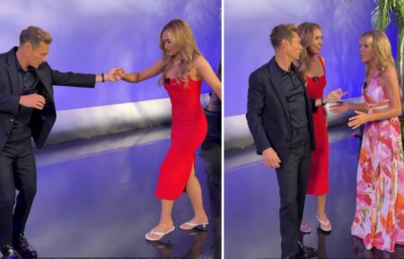 (left) Maggie Sajak and Ryan Seacrest learn the MYrtle Beach Shag, (right) Vanna White soclds them for not doing it right