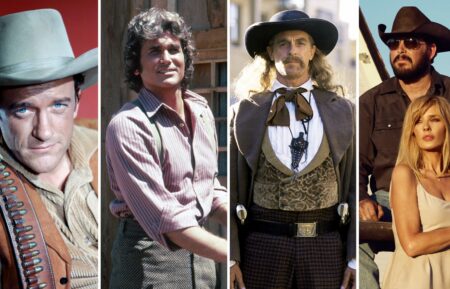 Where to Watch TV Westerns collage Gunsmoke, Little House on the Praire, Deadwood, Yellowstone