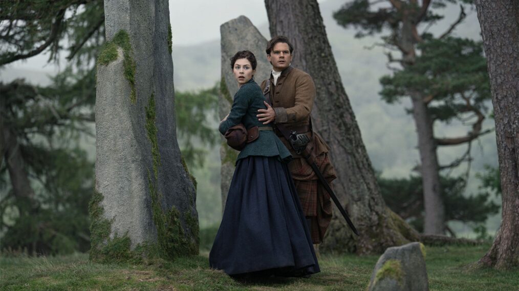 Hermione Corfield and Jeremy Irvine in 'Outlander: Blood of My Blood'
