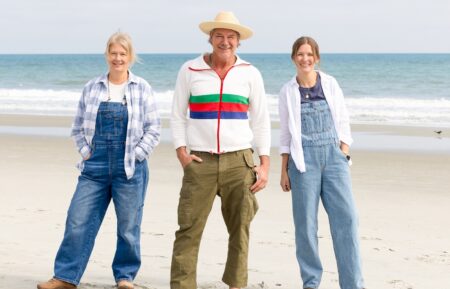 Michelle Mueller and Sydney Lorence pose together with their mentor Ty Pennington, 'Battle on the Beach' Season 5, HGTV, premiered June 1, 2026.