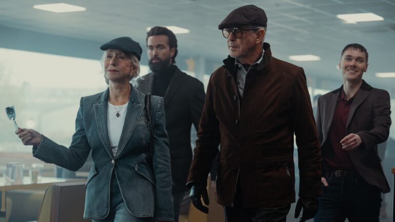 L-R Helen Mirren as Maeve Harrigan, Emmett J Scanlan as Paul, Pierce Brosnan as Conrad Harrigan and Jack Archer as Fergus In MobLand, season 2, streaming on Paramount+, 2026. Photo Credit: Luke Varley/Paramount+