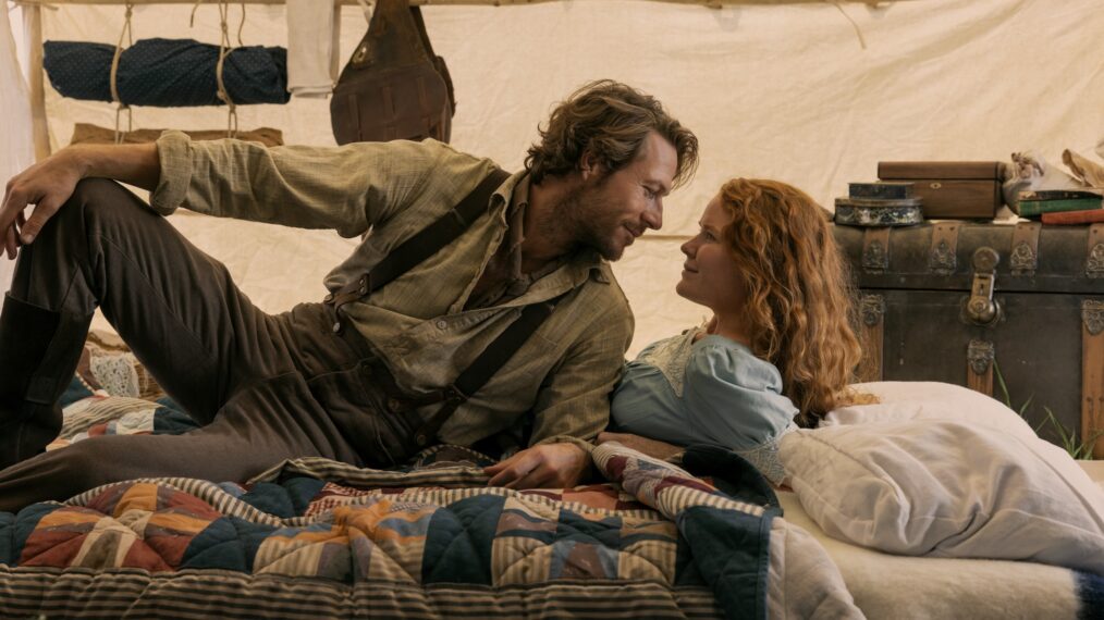 Little House on the Prairie. (L to R) Luke Bracey as Charles Ingalls, Crosby Fitzgerald as Caroline Ingalls in episode 101 of Little House on the Prairie. Cr. Eric Zachanowich/Netflix © 2026