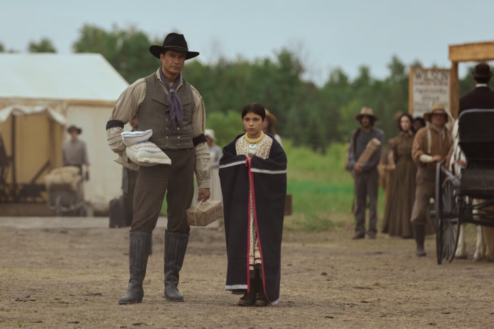 Little House on the Prairie. (L to R) Meegwun Fairbrother as Mitchell, Wren Zhawenim Gotts as Good Eagle in episode 101 of Little House on the Prairie. Cr. Eric Zachanowich/Netflix © 2026