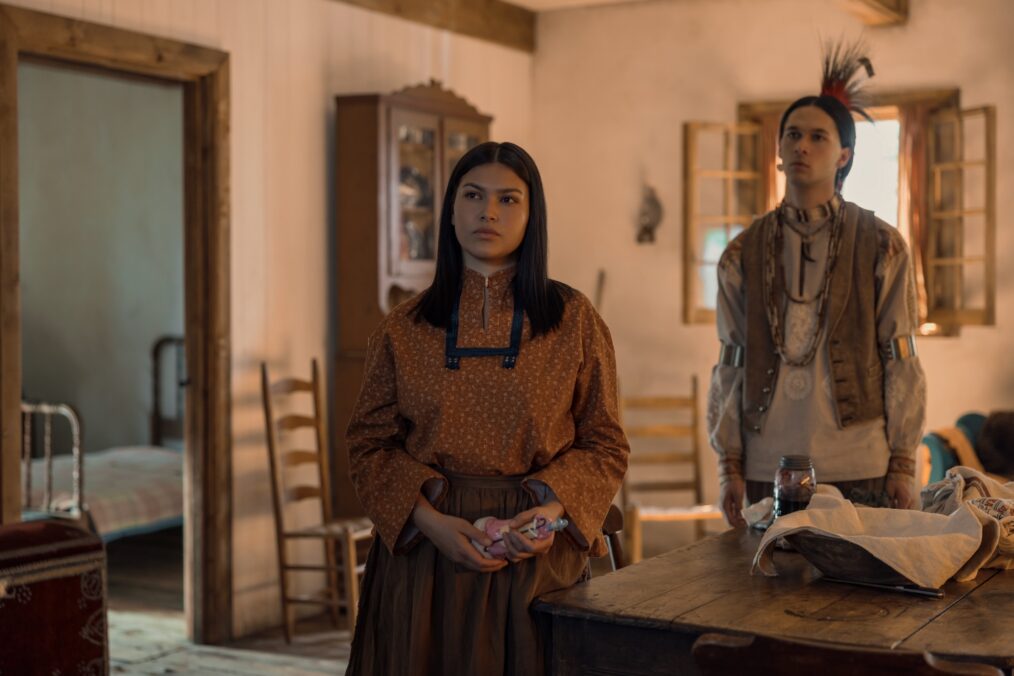 Little House on the Prairie. (L to R) Alyssa Wapanatâhk as White Sun, Xander Cole as Little Puma in episode 102 of Little House on the Prairie. Cr. Eric Zachanowich/Netflix © 2026
