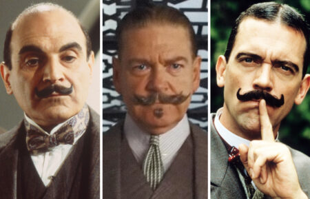 POIROT, Philip Jackson, David Suchet, 'The Murder of Roger Ackroyd,' (aired Jan. 2, 2000), 1989-2002. photo: Stephen Morley/ © BBC/courtesy Everett Collection; DEATH ON THE NILE, Kenneth Branagh as Hercule Poirot, 2020. © 20th Century Studios / Courtesy Everett Collection; SPICE WORLD, Hugh Laurie as Hercule Poirot, 1997, © Columbia/courtesy Everett Collection; THE ABC MURDERS (Episode 1) John Malkovich as Hercule Poirot