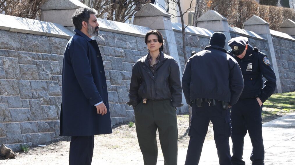 Sasha Calle and Rahul Kohli are seen filming at "The Exorcist" movie set in Uptown, Manhattan on March 17, 2026 in New York City.