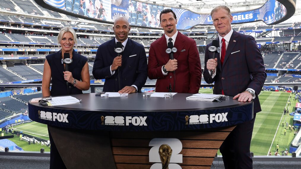 Fox Sports announcers Rebecca Lowe, Thierry Henry, Zlatan Ibrahimović and Alexi Lalas during the FIFA World Cup Today Fox pregame show at at SoFi Stadium on June 12, 2026 in Inglewood, California.
