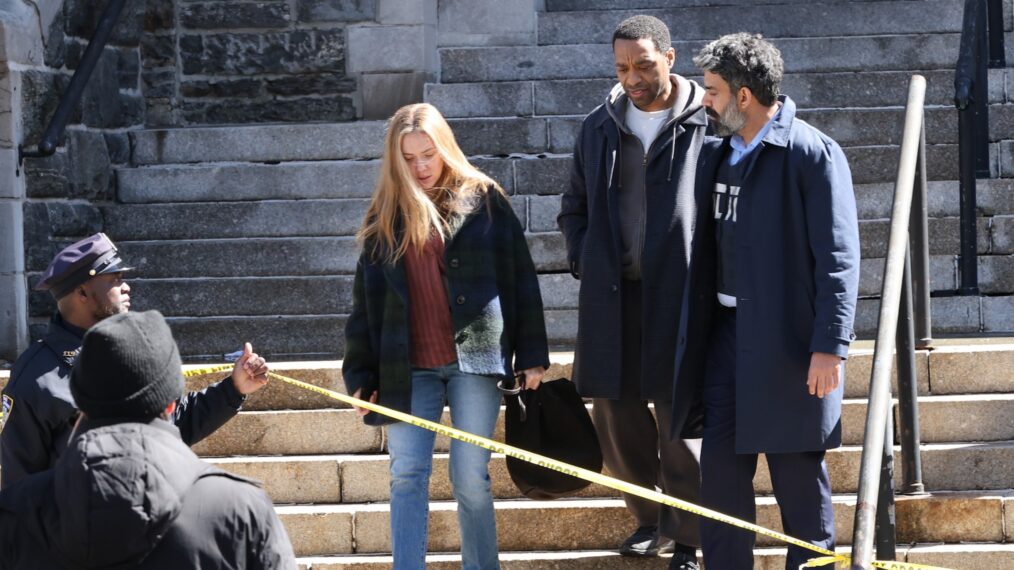 Scarlett Johansson, Chiwetel Ejiofor and Rahul Kohli are seen filming at "The Exorcist" movie set in Uptown, Manhattan on March 17, 2026 in New York City.