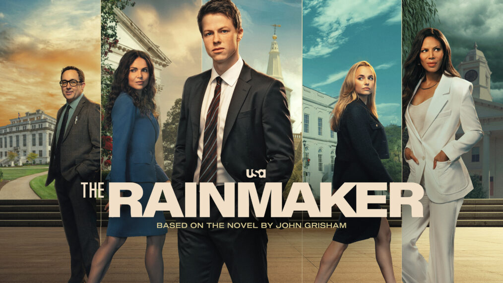 The Rainmaker- Season 2 Key Art. (L-R) PJ Byrne, Lana Parrilla, Milo Callaghan, Madison Iseman, Merle Dandridge. Photo Credit: USA Network © 2026 VERSANT MEDIA. All Rights Reserved