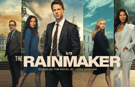 The Rainmaker- Season 2 Key Art. (L-R) PJ Byrne, Lana Parrilla, Milo Callaghan, Madison Iseman, Merle Dandridge. Photo Credit: USA Network © 2026 VERSANT MEDIA. All Rights Reserved