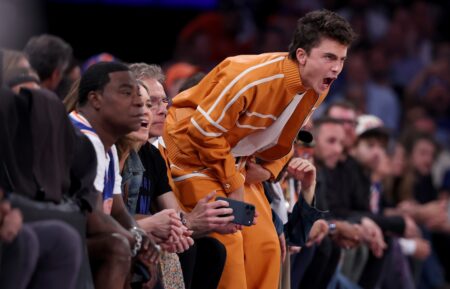 Timothée Chalamet reacts during the second quarter of a game between the San Antonio Spurs and the New York Knicks in Game Three of the 2026 NBA Finals at Madison Square Garden on June 08, 2026 in New York City.