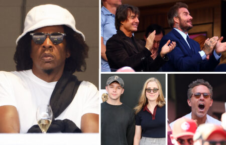 Jay-Z at Philadelphia Stadium; Ryan Reynolds at Toronto Stadium; Tom Cruise & David Beckham at Los Angeles Stadium; Gerran Howell and Taylor Dearden at Los Angeles Stadium.