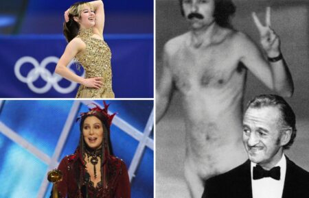 Alysa Liu reacts after competing in the figure skating women's single free skating final during the Milano Cortina 2026 Winter Olympic Games at Milano Ice Skating Arena in Milan, Italy, on February 19, 2026; Streaker Robert Opel flashes a peace sign behind David Niven at the 46th Annual Academy Awards at Dorothy Chandler Pavilion in Los Angeles on April 2, 1974; Cher appears at the 2002 Billboard Music Awards in Las Vegas, Nevada, on December 9, 2002