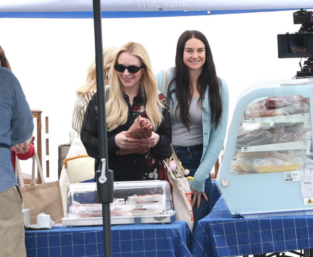 Lindsay Lohan and Shailene Woodley are seen on the set of "Count me Lies" set in Downtown, Brooklyn on April 20, 2026 in New York City