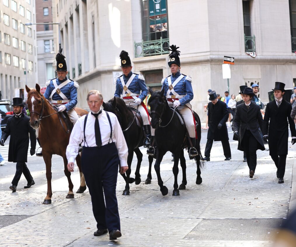 Actors are seen at "The Gilded Age" set in Wall Street, Manhattan. on May 16, 2026 in New York City.