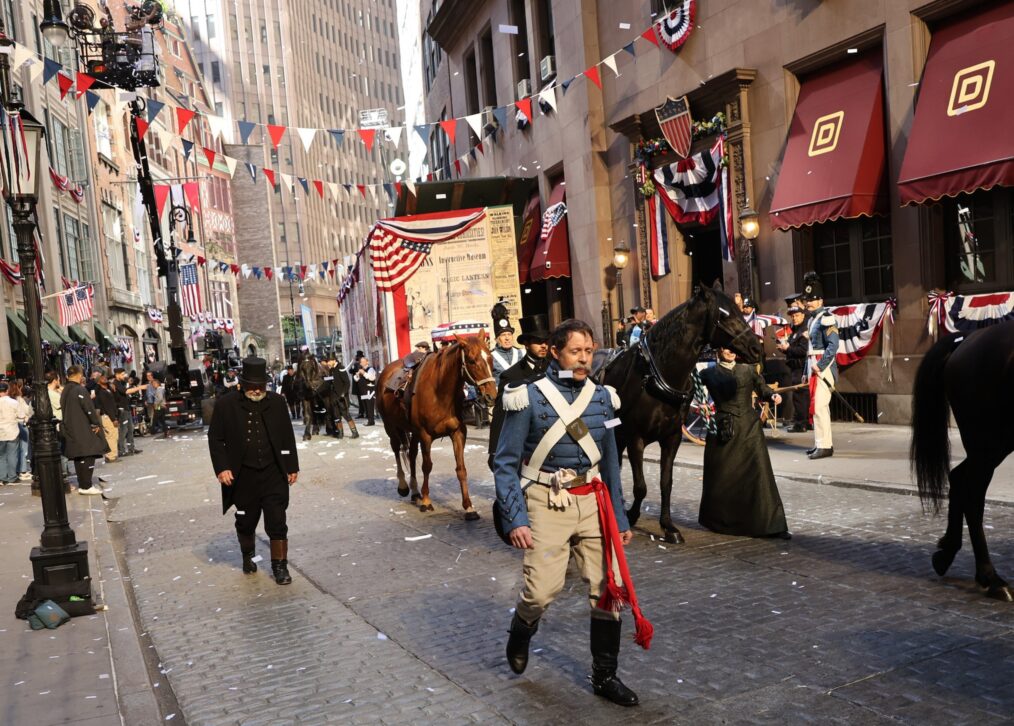 Actors are seen at "The Gilded Age" set in Wall Street, Manhattan. on May 16, 2026 in New York City.