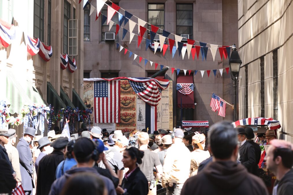 Actors are seen at "The Gilded Age" set in Wall Street, Manhattan. on May 16, 2026 in New York City.