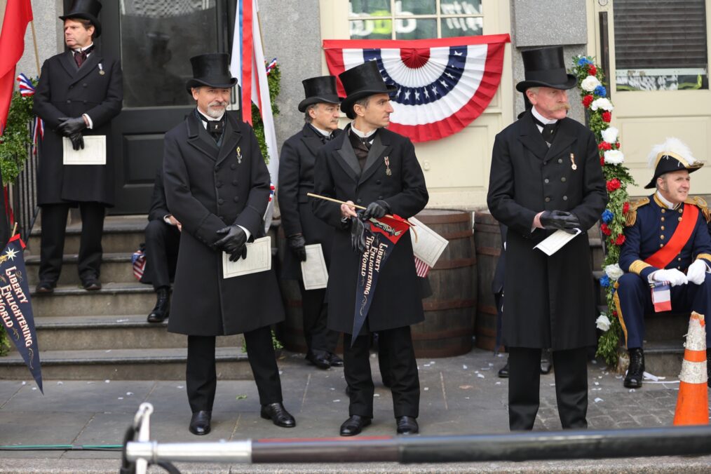 Actors are seen at "The Gilded Age" set in Wall Street, Manhattan. on May 16, 2026 in New York City.